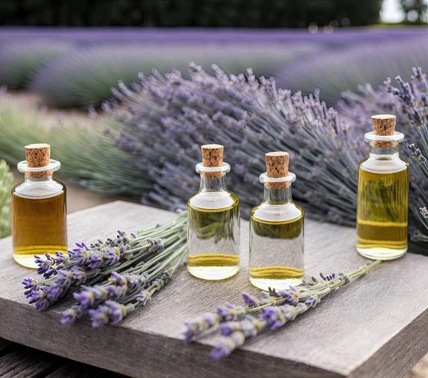 lavender essential oil in a bottle on a wooden background