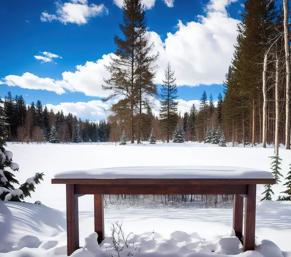 snow-capped forest with wooden table. winter background.