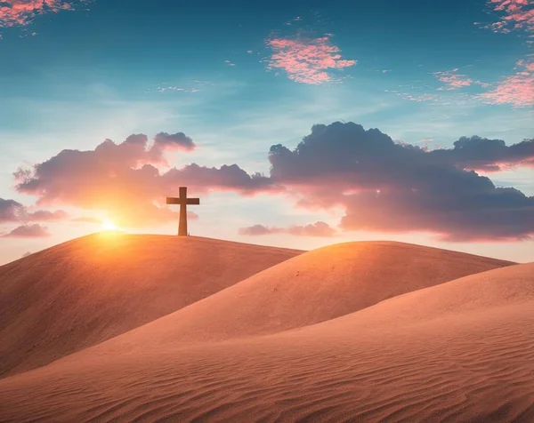cross-shaped crucifix on the background of the sunset.