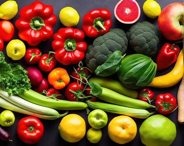 fresh vegetables and fruits on a black background