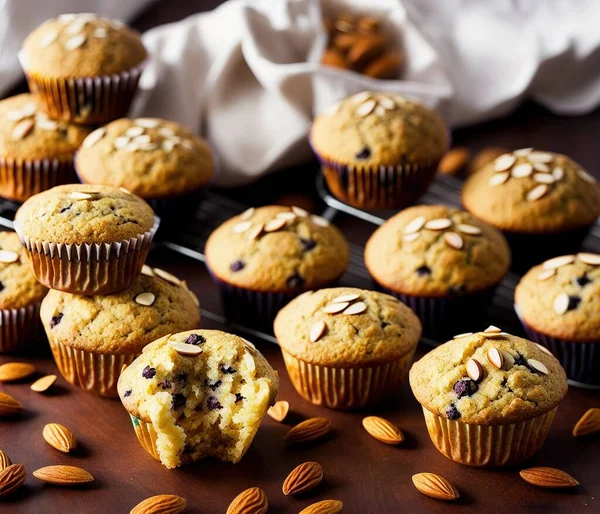 tasty muffins with chocolate chips on white background
