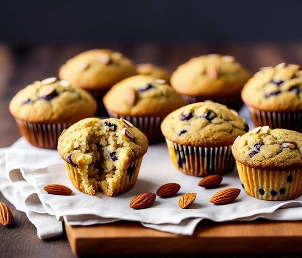 homemade muffins with chocolate chips and nuts on a wooden background. selective focus.