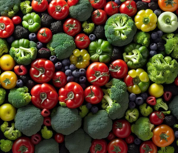 different fruits, vegetables and berries on a black background