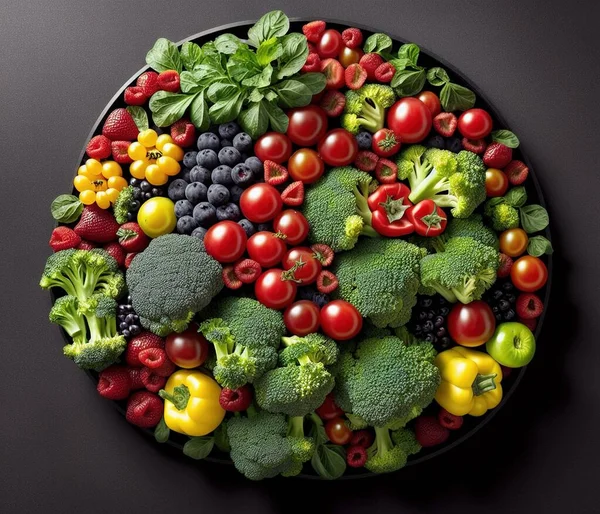 fresh fruits and vegetables on black background