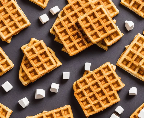 waffle waffles with caramel and chocolate on a black background. top view. flat lay