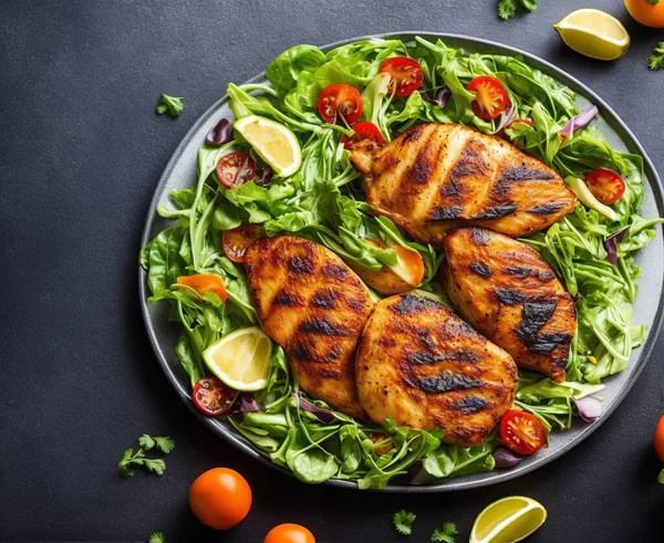 grilled chicken fillet with vegetables and salad on black background. top view. free space for your text.