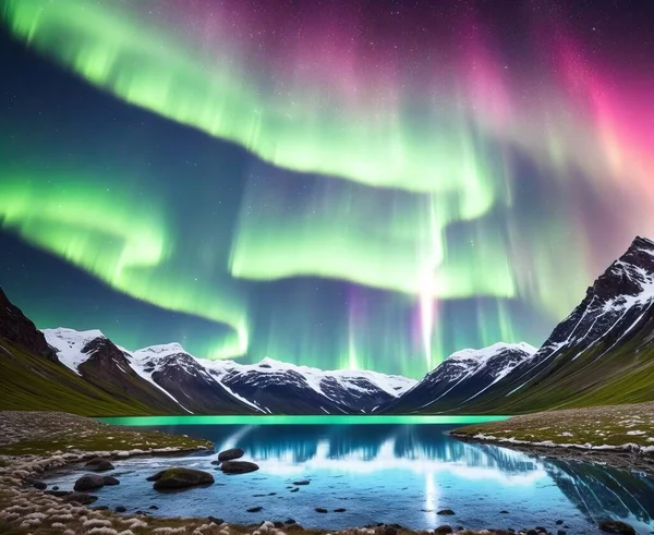 northern lights over the arctic mountains in iceland