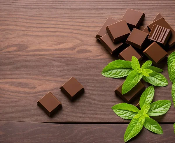 chocolate with mint leaves on wooden background