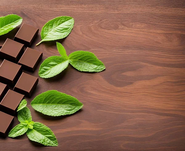 chocolate with mint leaves on wooden background