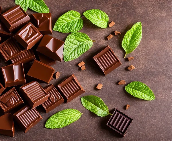 chocolate pieces with mint leaves on dark background