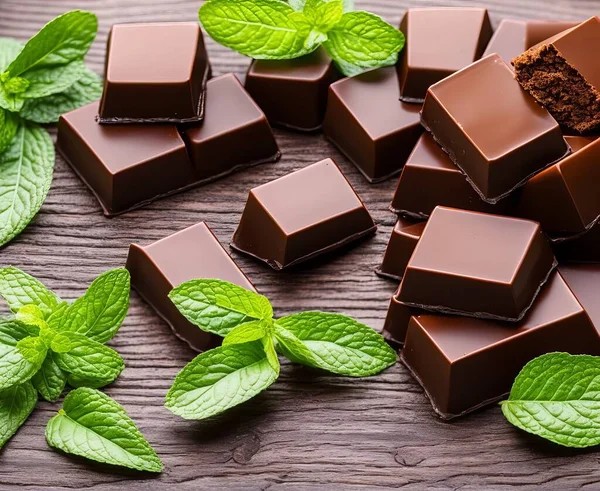 dark chocolate with mint leaves and nuts on wooden background