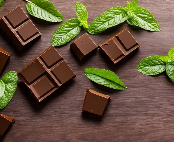 chocolate bar with mint leaves on a dark background