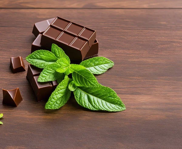 chocolate and mint on wooden background
