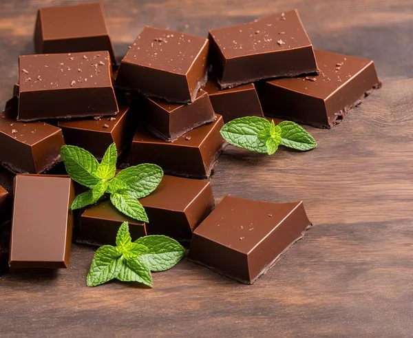 chocolate and mint on wooden background