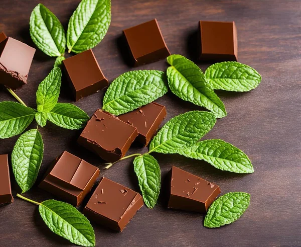 dark chocolate with mint leaves on a black background