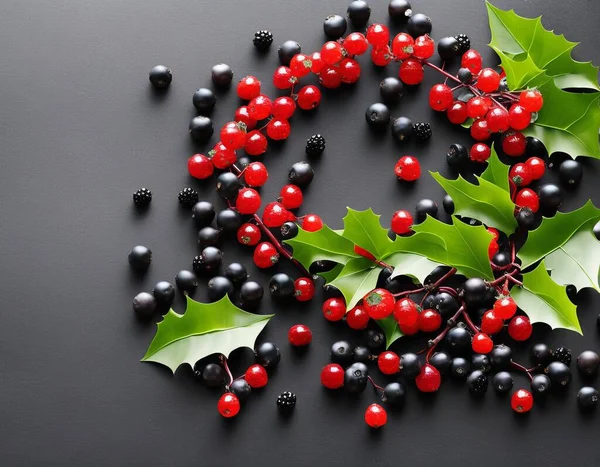 christmas wreath with berries on dark background