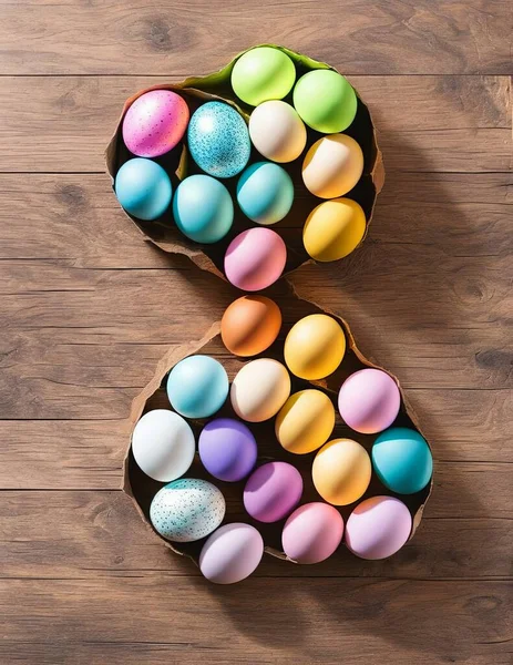colorful easter eggs in a wooden box on a white background