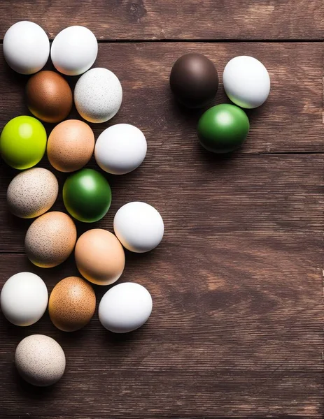 easter eggs in a wooden box on a brown background.