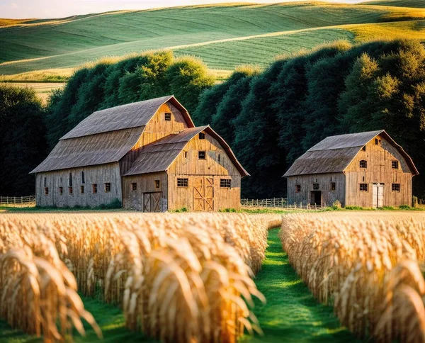 beautiful landscape with a wooden barn house in the countryside