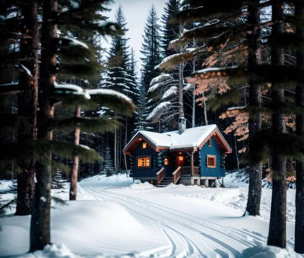 house in the snow in winter, beautiful winter landscape with snow covered trees