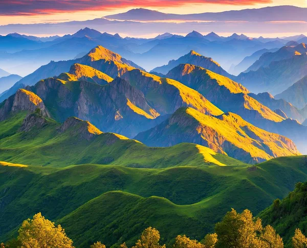 beautiful mountain landscape. sunset with mountains.
