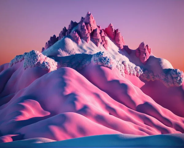 colorful view on mountains in winter with pink smoke, snow and sunrise, beautiful background.