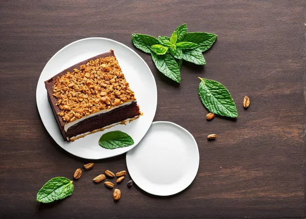 piece of delicious cake with chocolate and mint on wooden background