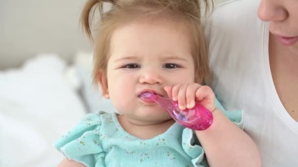 かわいい赤ちゃんは歯を磨くことを学んでいる 歯ブラシだ 楽しいライフスタイルは歯科医のゲームをプレイ 歯をきれいにしようとしている子供の肖像画を閉じます 口腔歯科ケア衛生 — ストック動画