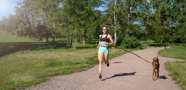 Sporty happy woman jogging with dog outdoor in public park summer. Canicross competition. Healthy life with active pet. Copy space for design