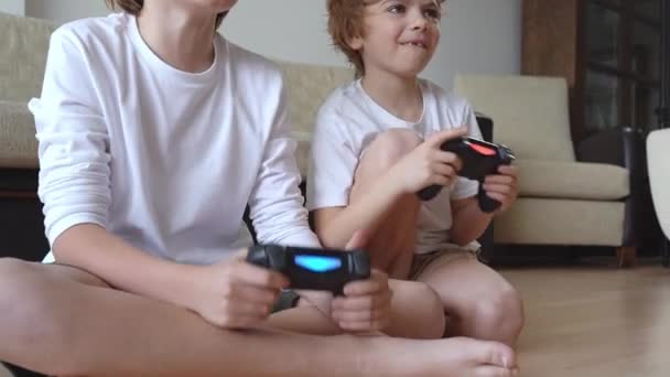 Gamer Children Siblings Playing Video Games Front Using Playstation Joystick — Vídeos de Stock