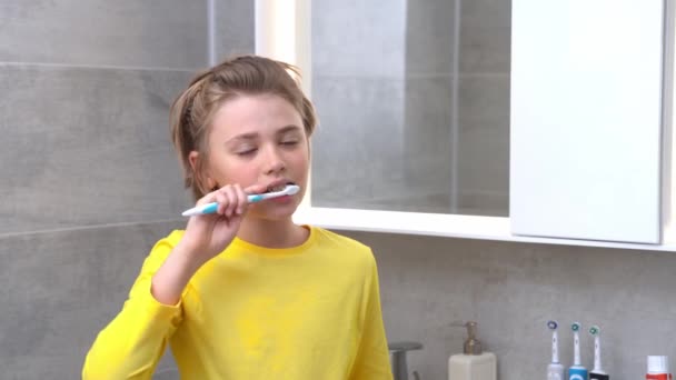 Teenager Boy Brush Teeth Child Bathroom Looking Camera Dentistry Stomatology — Stock Video