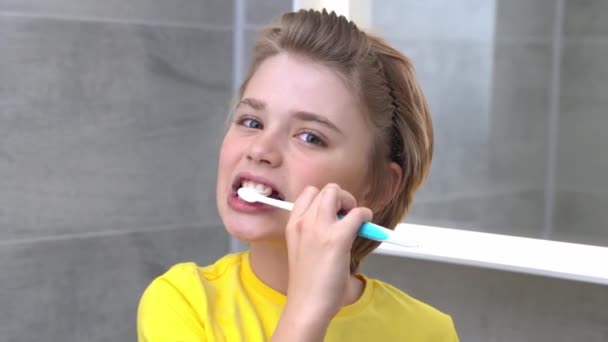 Teenager Boy Brush Teeth Child Bathroom Looking Camera Dentistry Stomatology — стокове відео