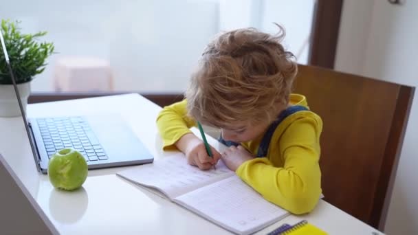 自宅でノートパソコンのオンライン教育コースを使用している間かわいい小学生の子供がリンゴを食べています 遠隔授業遠隔ビデオ会議 女子高生の宿題 — ストック動画