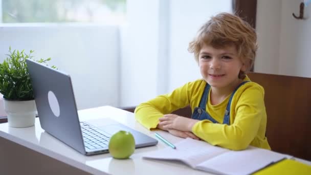 Schoolboy Child Using Laptop Online Educational Lesson Course Home Distance — ストック動画