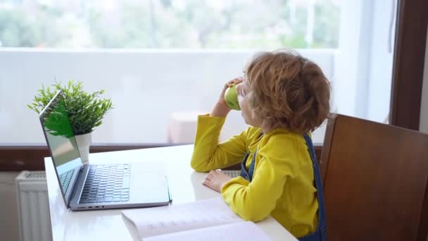 Aranyos Schoolboy Gyermek Eszik Alma Használata Közben Laptop Online Oktatás — Stock videók