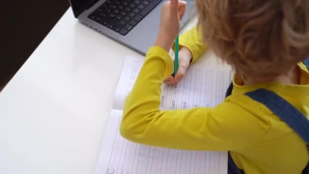 Close Schoolboy Child Write Exercise Alphabet Using Laptop Online Educational — Stock Video