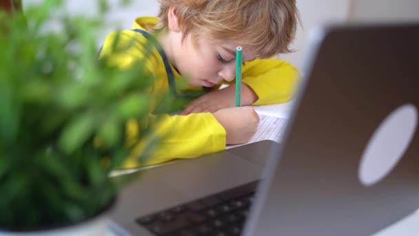 Schoolboy Παιδί Γράψει Αλφάβητο Άσκηση Χρησιμοποιώντας Φορητό Υπολογιστή Απευθείας Σύνδεση — Αρχείο Βίντεο