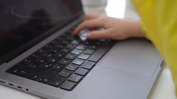 Cute Smart Caucasian Primary School Child Typing Keyboard Laptop Online — Vídeo de Stock