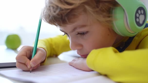 Close Schoolboy Child Write Exercise Alphabet Using Laptop Online Educational — Video Stock