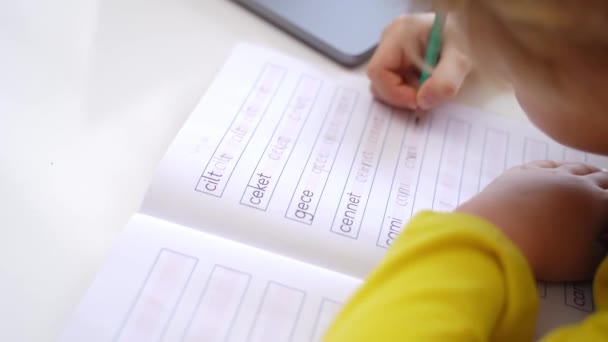 Close Schoolboy Child Write Exercise Alphabet Using Laptop Online Educational — Vídeos de Stock