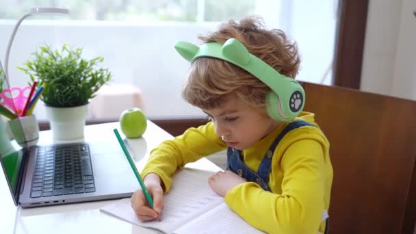 Close Schoolboy Child Write Exercise Using Laptop Online Educational Lesson — 图库视频影像
