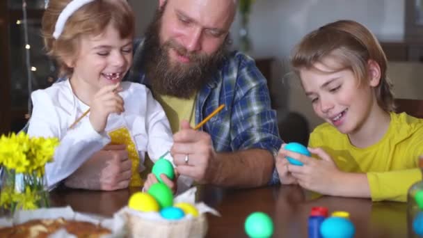 Easter Family Traditions Father Two Caucasian Happy Children Bunny Ears — Stock videók