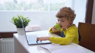 Cute Schoolboy child eating apple while using laptop online educational lesson course at home. Distance learning course remote video conference. Schoolgirl study does school homework.
