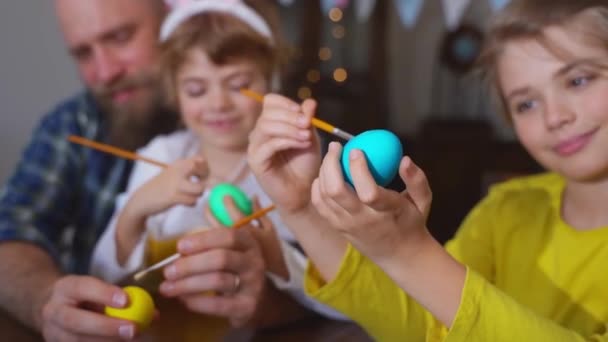 Easter Family Traditions Dad Two Caucasian Happy Children Bunny Ears — Stock videók