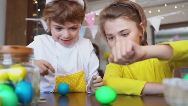 Easter Sunday Family Holiday Traditions Two Caucasian Happy Siblings Kids — Video