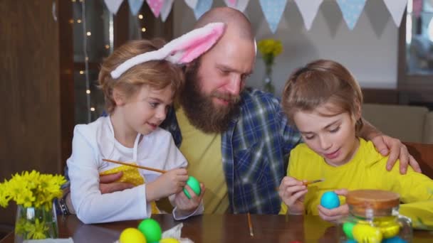 Easter Family Traditions Father Two Caucasian Happy Children Bunny Ears — Video