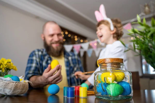 Easter Family Traditions Father Caucasian Happy Child Bunny Ears Dye — ストック写真