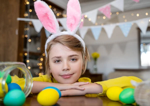Easter Family Traditions Close Caucasian Child Bunny Ears Playing Decorated — Stockfoto