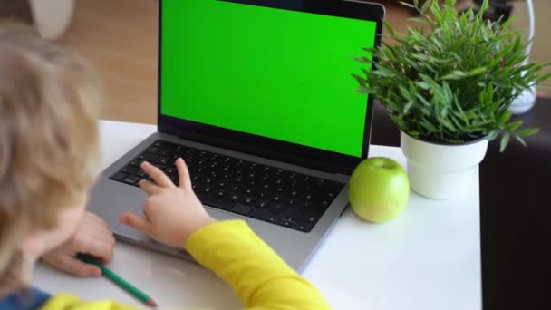 Cute Smart Caucasian Primary School Child Typing Keyboard Laptop Online — Stock video