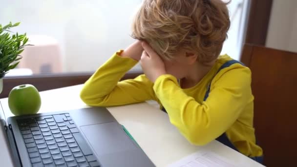 Bored Schoolboy Child Using Laptop Online Educational Lesson Course Home — ストック動画